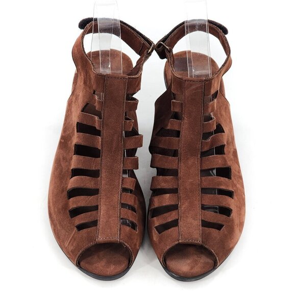 ARCHE Enexor Caged Brown Nubuck Peep Toe Wedge Heel Slingback Sandals - Picture 4 of 9
